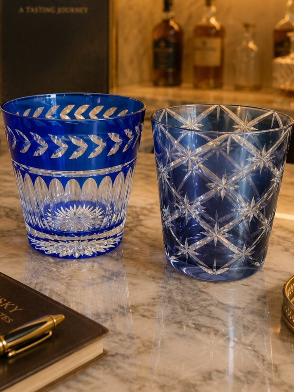 Ajka Cut to Clear Cobalt Blue Crystal and Impulse "Starlight"  Whiskey Glasses